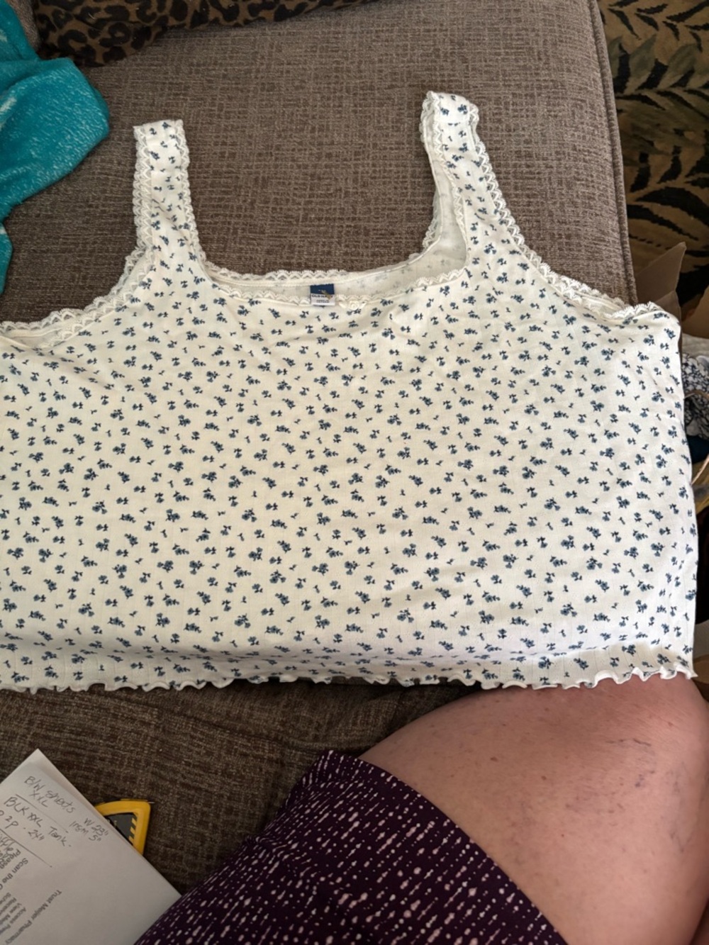Old Navy White Camisole with Blue Micro Floral and Lace Trim